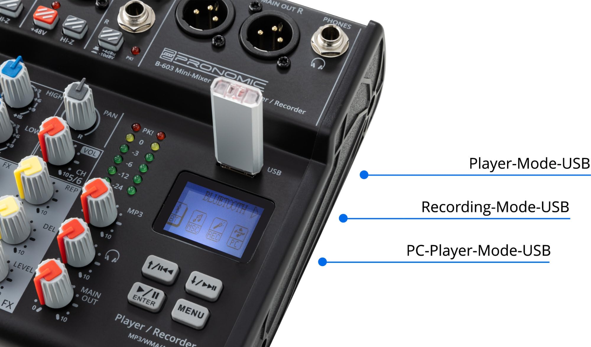 Pronomic B-603 Mini-Mixer mit Bluetooth und USB-Recording - Kompakter 6-Kanal Mixer - 4 Kanäle mit Combobuchsen, Phantomspeisung und Hi-Z Schalter - USB-Port - Main-Ausgänge im XLR-Format - Schwarz