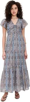 paige kinga silk blend flutter-sleeve tiered maxi dress PAIGE Women's Kinga Dress - Blue - Size 0