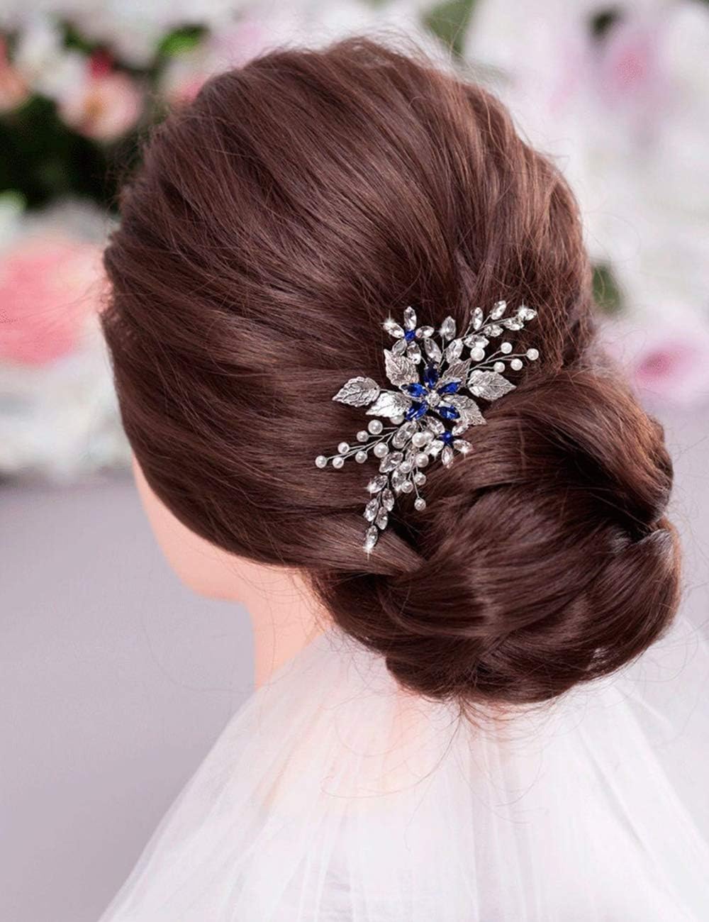 Anglacesmade Bridal Sapphire Crystal Hair Comb Pearl Blue Crystal Leaf Marquise Hair Piece Prom Party Festival Wedding Hair Accessories for Women and Girls (Gold) - Image 4