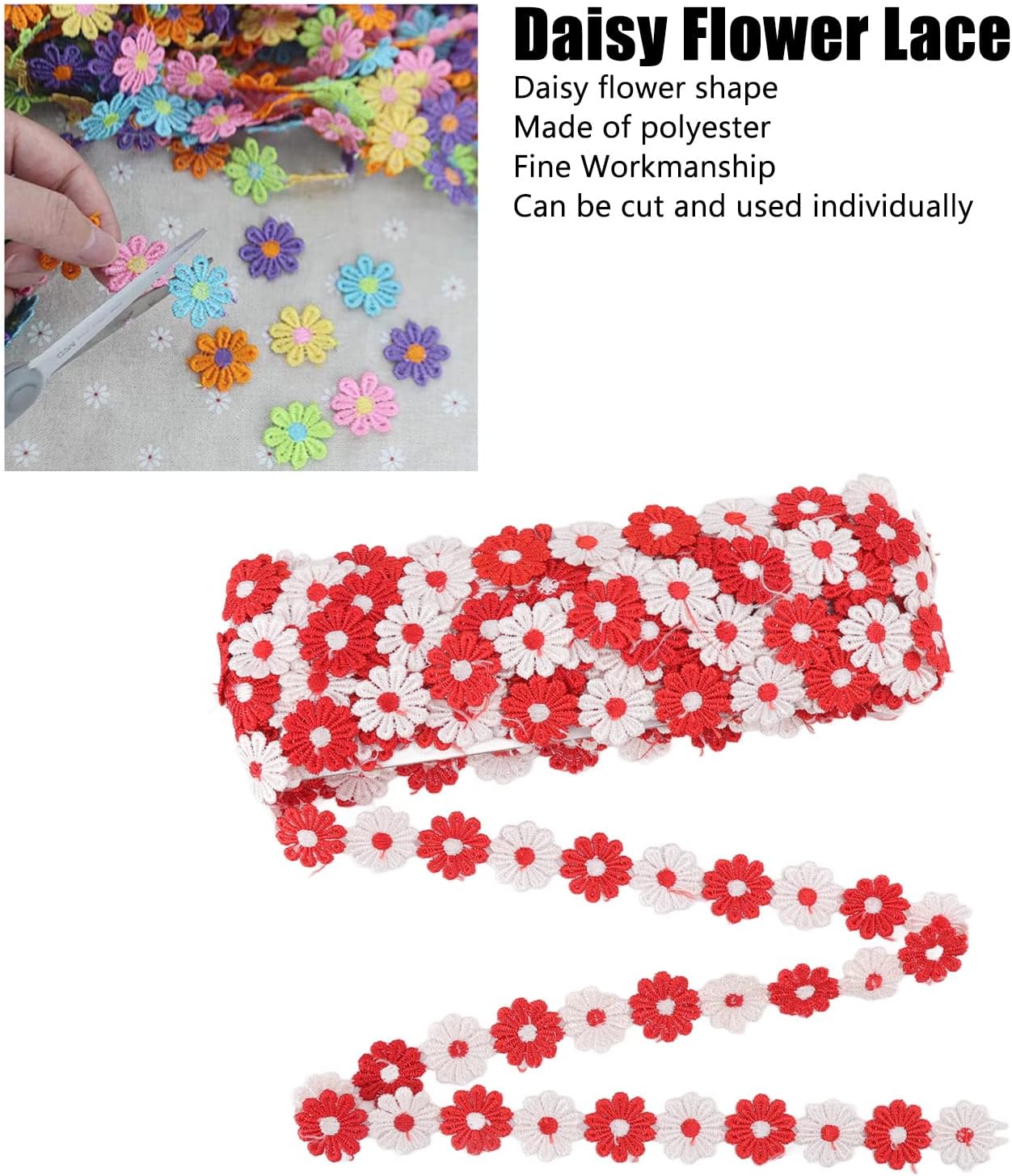 Fdit 15 Yards Daisy Flower Lace Trim Embroidered DIY Handmade Patchwork Ribbon Sewing Supplies Crafts for Wedding Dress Decorations (Red White), Fditrnbka6xhy9-11