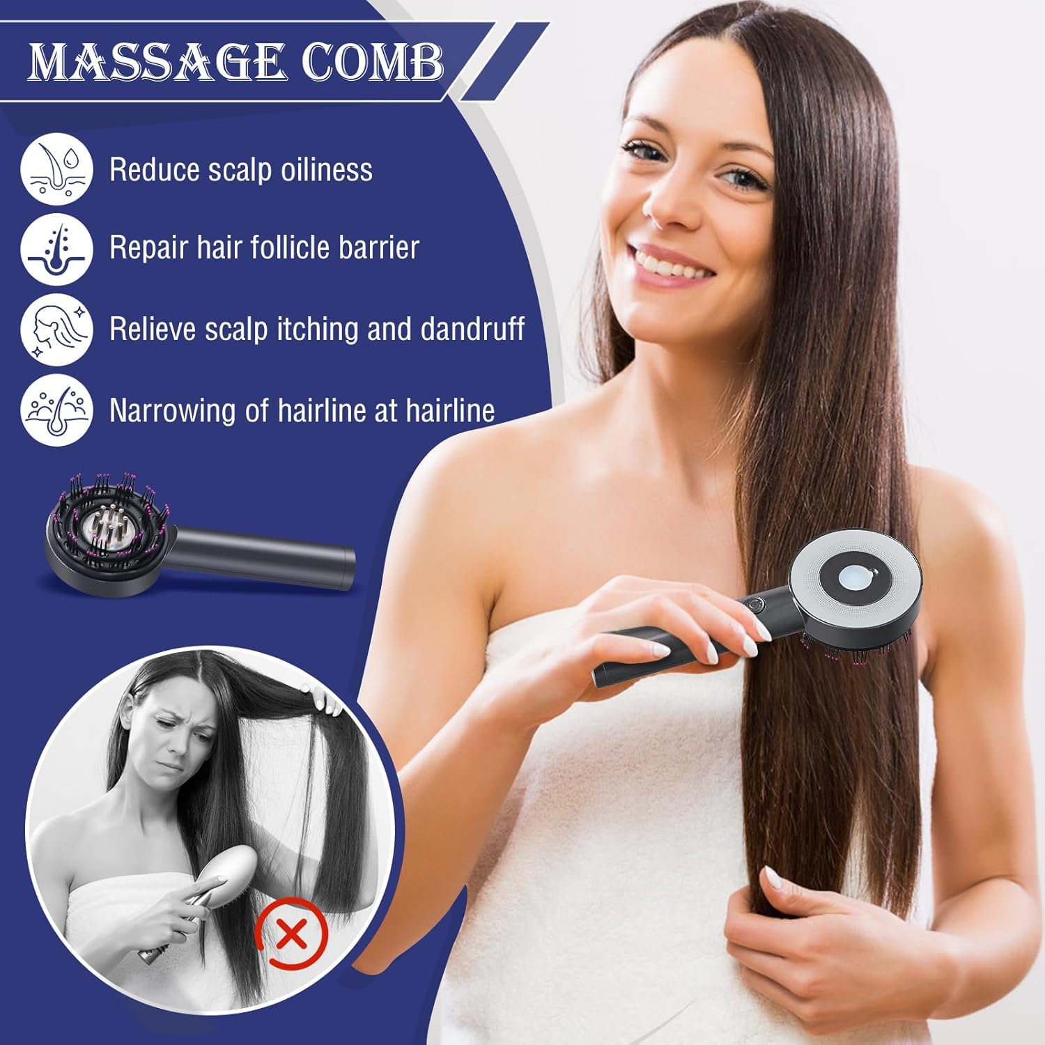 Brosse de massage 2 en 1 pour cuir chevelu et huile capillaire - Brosse électrique pour cuir chevelu - Avec lumière rouge et bleue - Pour la relaxation du cuir chevelu et de la tête