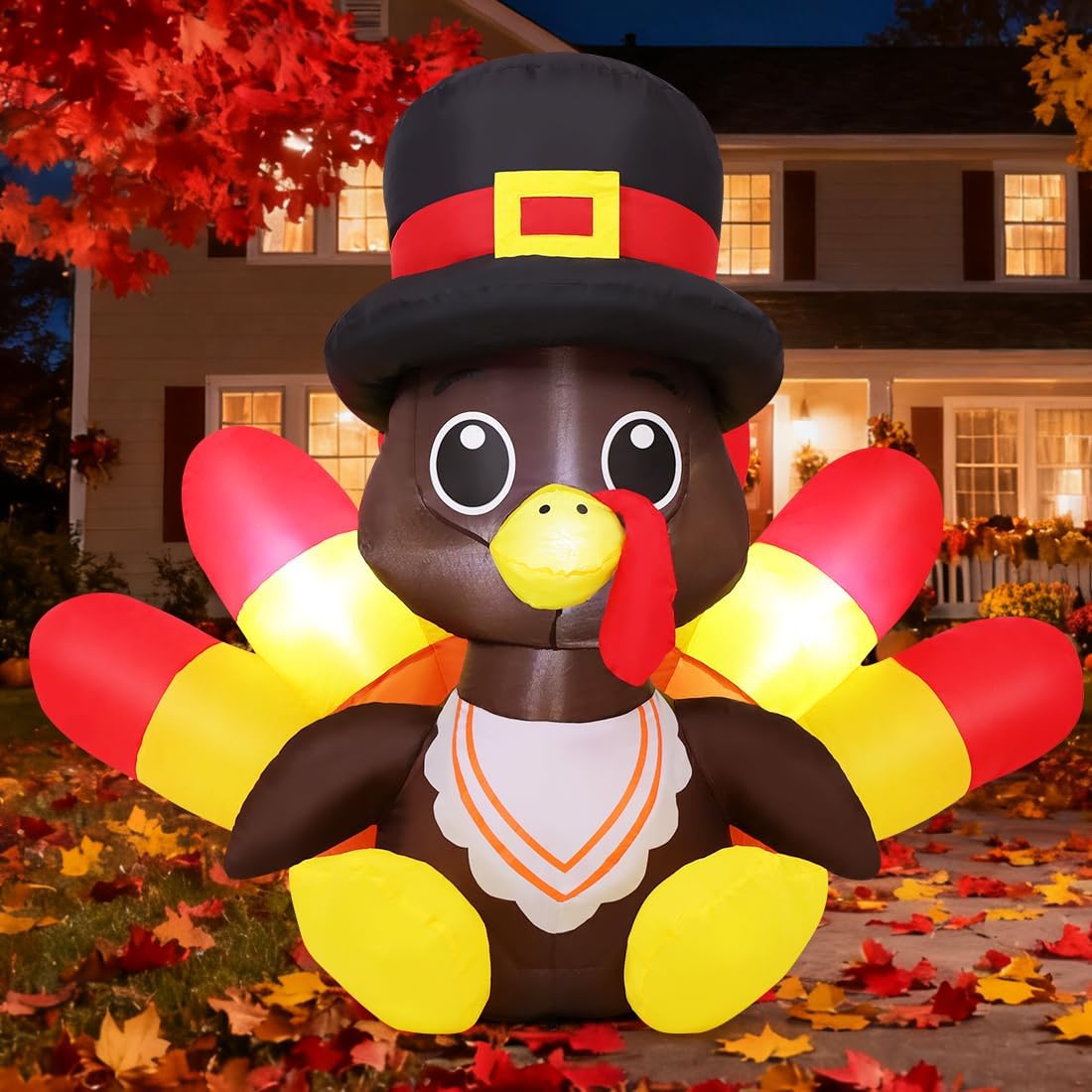 GOOSH 5.4 FT Long Thanksgiving Inflatables Turkey Outdoor Decorations Blow Up Yard Turkey with Neckerchief with Built-in LEDs for Indoor Party Garden Lawn Decor