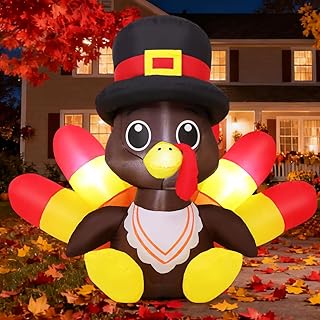 GOOSH 5.4 FT Long Thanksgiving Inflatables Turkey Outdoor Decorations Blow Up Yard Turkey with Neckerchief with Built-in LEDs for Indoor Party Garden Lawn Decor