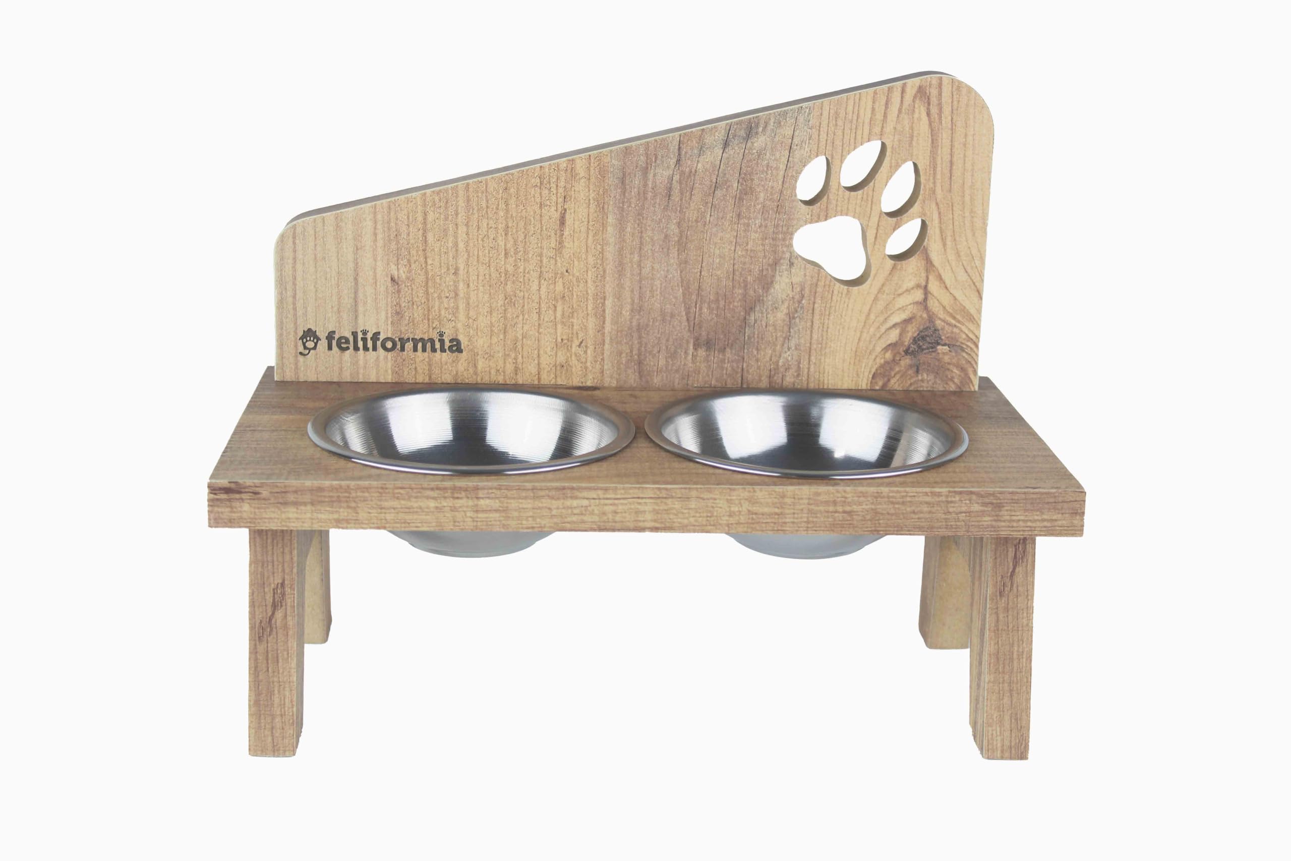 Feliformia® - Cuenco para gatos (600 ml, soporte de madera, con dos cuencos, acero inoxidable)