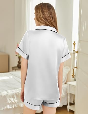 Silk Pajamas for Women Short Sleeve Sleepwear Soft Button Down Loungewear 2 Piece Satin Pjs Shorts Set S-XXL