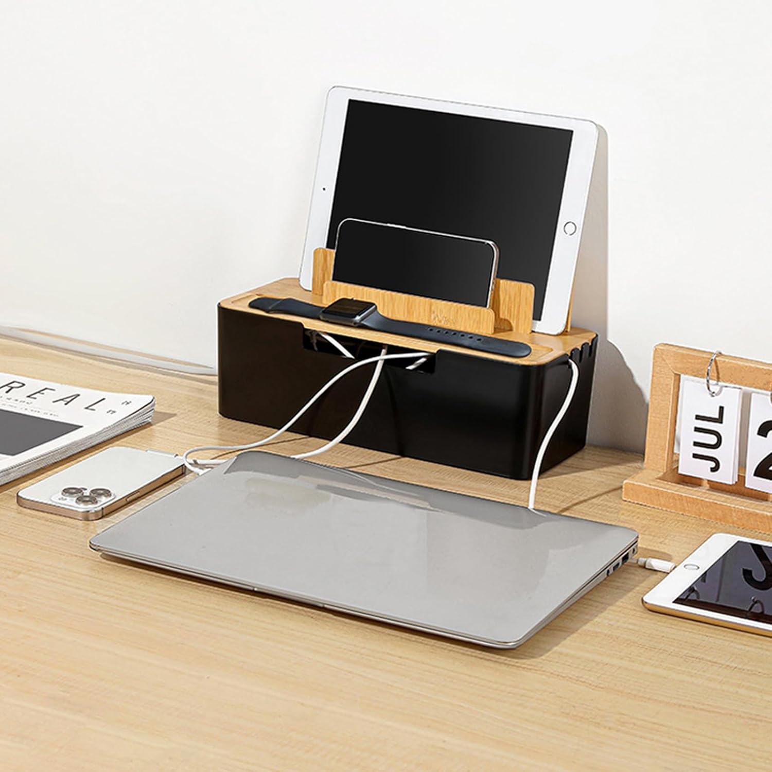 Catekro Cable Management Box with Bamboo Lid Cell Phone Tablet Holder Plug Data Cable Storage Charging Organizer Charger Cord Box for Home and Office Electrical Plug Storage(Black)
