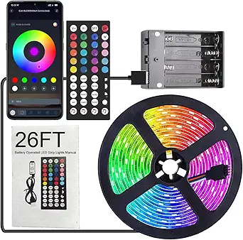 Battery Operated LED Strip Lights 26ft, Color Changing RGB APP & Remote Control, Music Sync, USB Powered, Cuttable