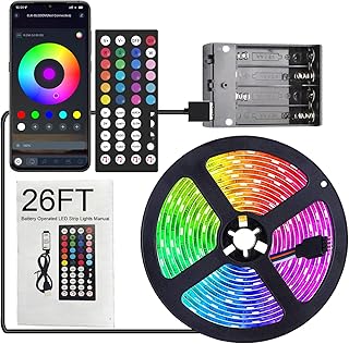 Dervacle Battery Operated LED Strip Lights 26ft, Color Changing RGB APP & Remote Control, Music Sync, USB Powered, Cuttable - for Bedroom, TV Backlight, Party, Kitchen, Camping