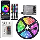 Battery Operated LED Strip Lights 26ft, Color Changing RGB APP & Remote Control, Music Sync, USB Powered, Cuttable - for Bedroom, TV Backlight, Party, Kitchen, Camping