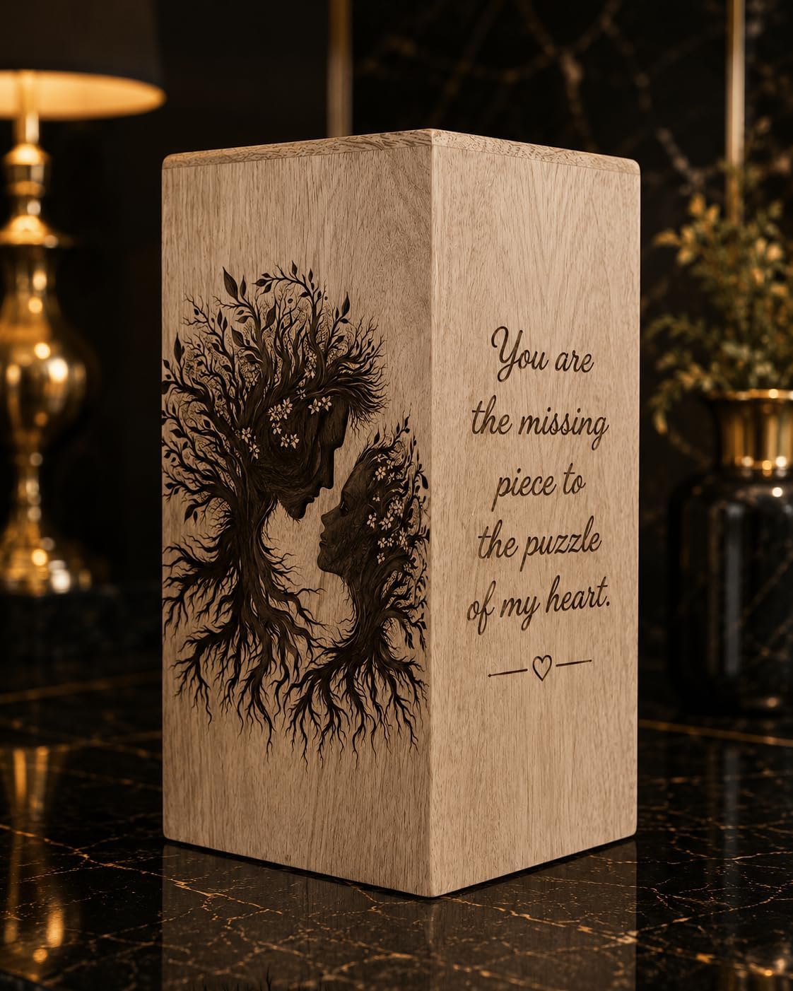 Wooden Cremation Urn for Human Ashes – Romantic Tree Couple Design Memorial Urn Box with Heartfelt Quote – Handmade Funeral Keepsake Urn for Adult Ashes Home Display (((8X5-115 Cu.in)))
