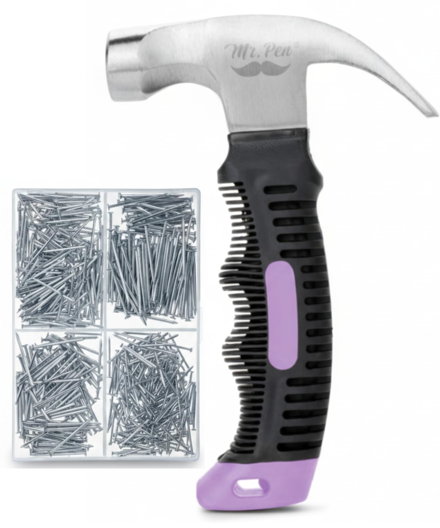 Mr. Pen- Nail Assortment Kit and 8oz Small Hammer for Picture Hanging, Purple Hammer, 600 pcs Small Nails for Hanging Pictures
