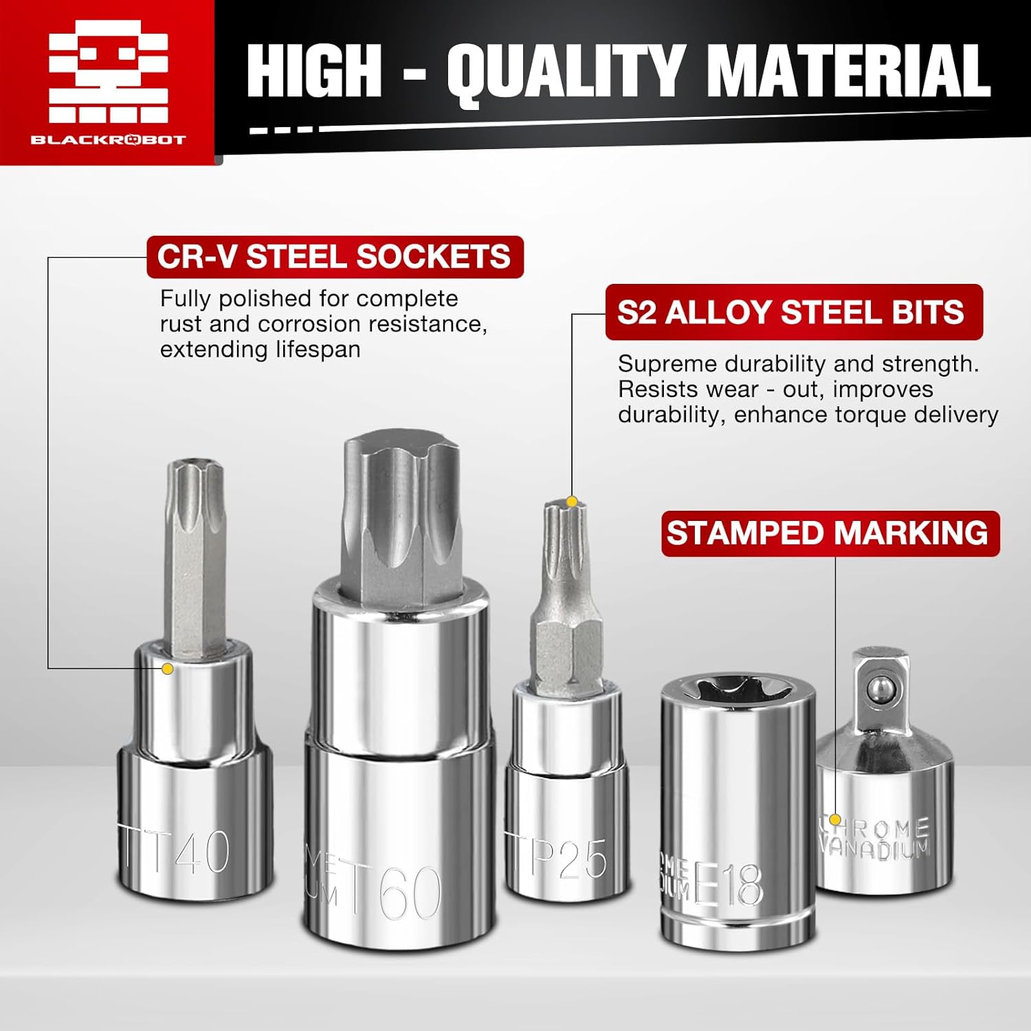 BLACKROBOT 67-Piece Master Torx Bit Socket and E-Torx Socket Set, 1/4” 3/8” 1/2” Drive(E4-E24, T6-T70,TT6-TT70,TP8-TP60), Includes Socket Adapters and Drill Bit Adapters, S2 and Cr-V Steel