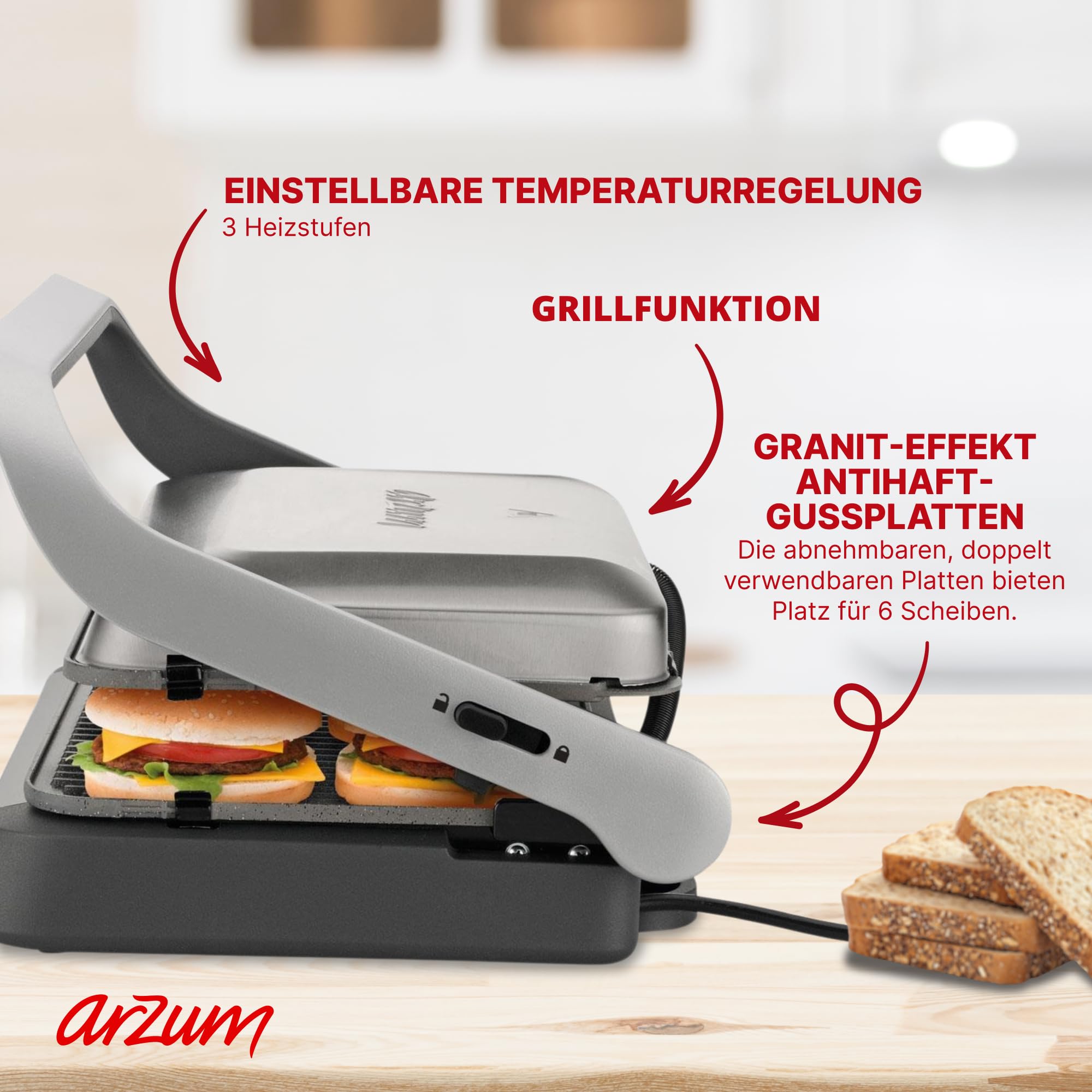 Arzum AR2001 Tostcu Delux Kontaktgrill Panini Maker Sandwichmaker, 1800W Leistung, 180 Grad Aufklappbarer Tischgrill, Abnehmbare Granitplatten für 6 Scheiben
