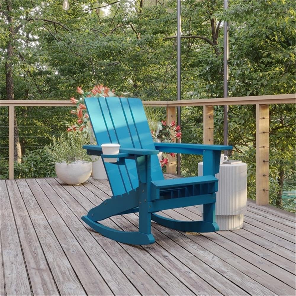 BOWERY HILL Plastic Rocking Adirondack Chair, 37.25" H x 33.5" W x 32.75" D, Blue Finish, HDPE Material, Cupholder, Indoor/Outdoor Weather-Resistant Design, Comfortable Porch Seating