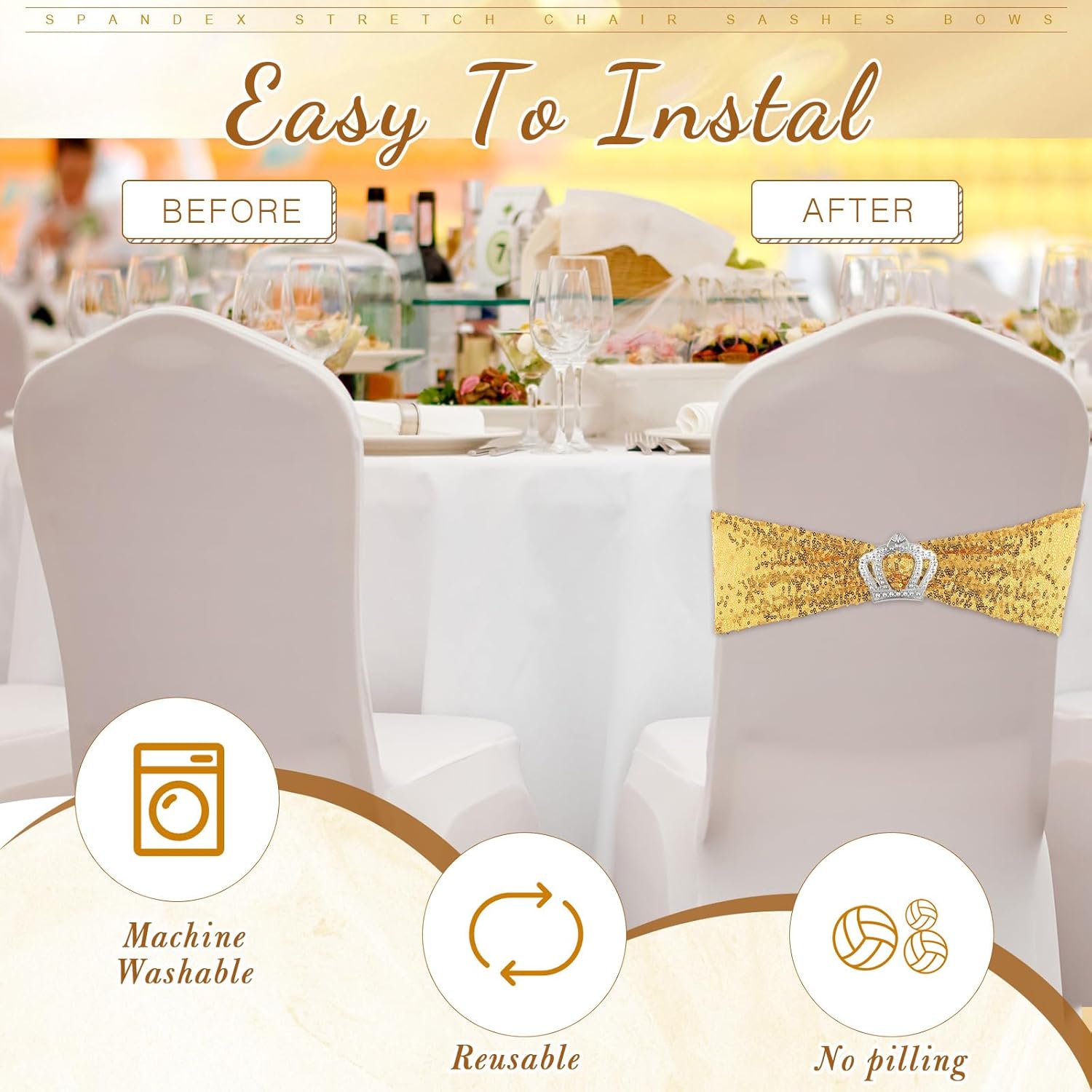 VitalCozy 50 Pieces Stretch Sequin Chair Sashes Chair with Crown Buckle Slider Spandex Chair Bows Bands for Wedding Hotel Banquet Birthday Party Home Chair Cover Decorations (Gold)