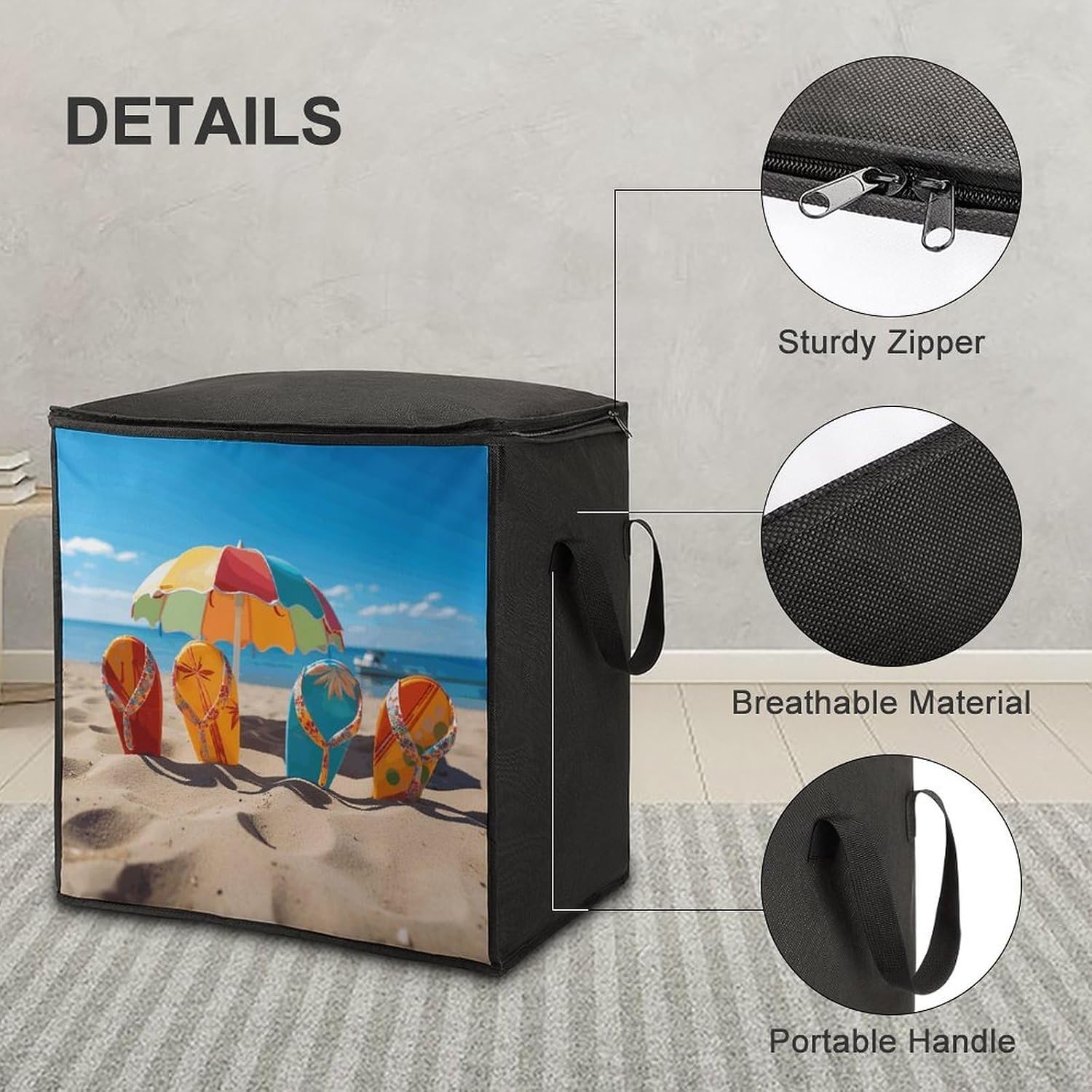Colorful Flip Flops Beach Ball Storage Bag,Large With Handle Quilt Organizer Portable Zipper Storage Bags Foldable Storages Containers for Wardrobe Clothes Blanket Bedding image 4