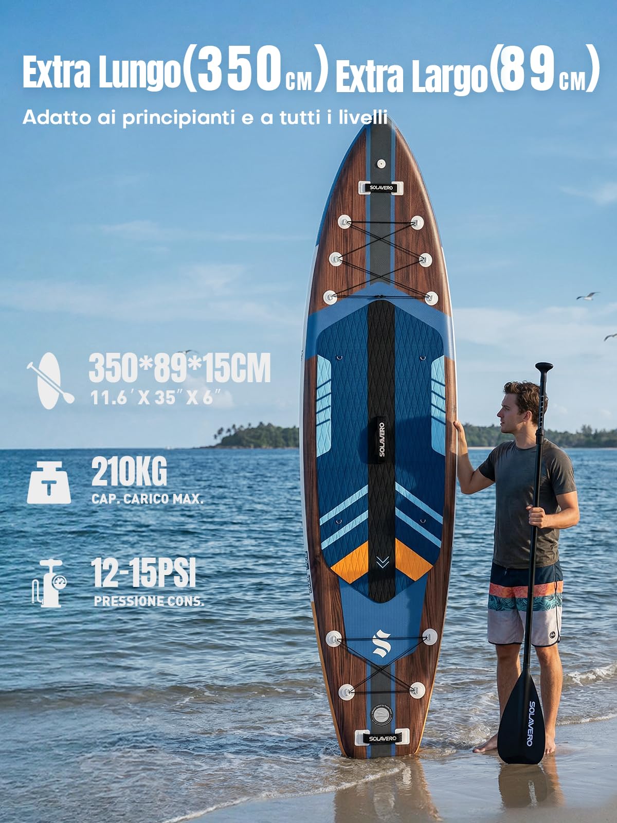 SOLAVERO Tavola SUP Gonfiabile Adulti 210kg Offerta, 350 x 89 x 15 cm Stand Up Paddle Board 2 Persone con Pompa, Sedile, Pagaia Regolabile, Leash, Custodia Impermeabile e Zaino