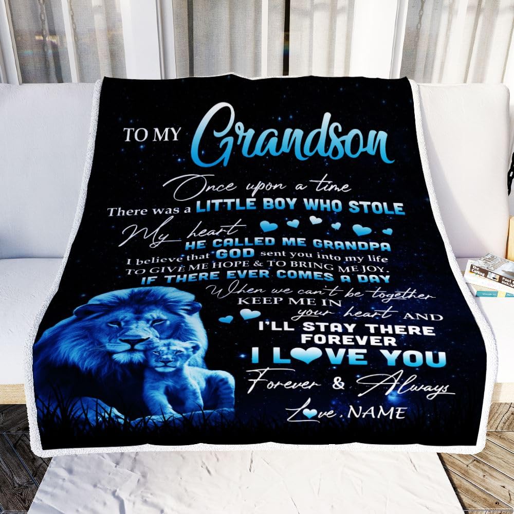 TeesNow Personalized to My Grandson Lion Blanket from Grandpa I'll Stay There Forever Grandson Birthday Graduation Christmas Customized Bed Quilt Fleece Blanket (60 x 80 in Adult Size)