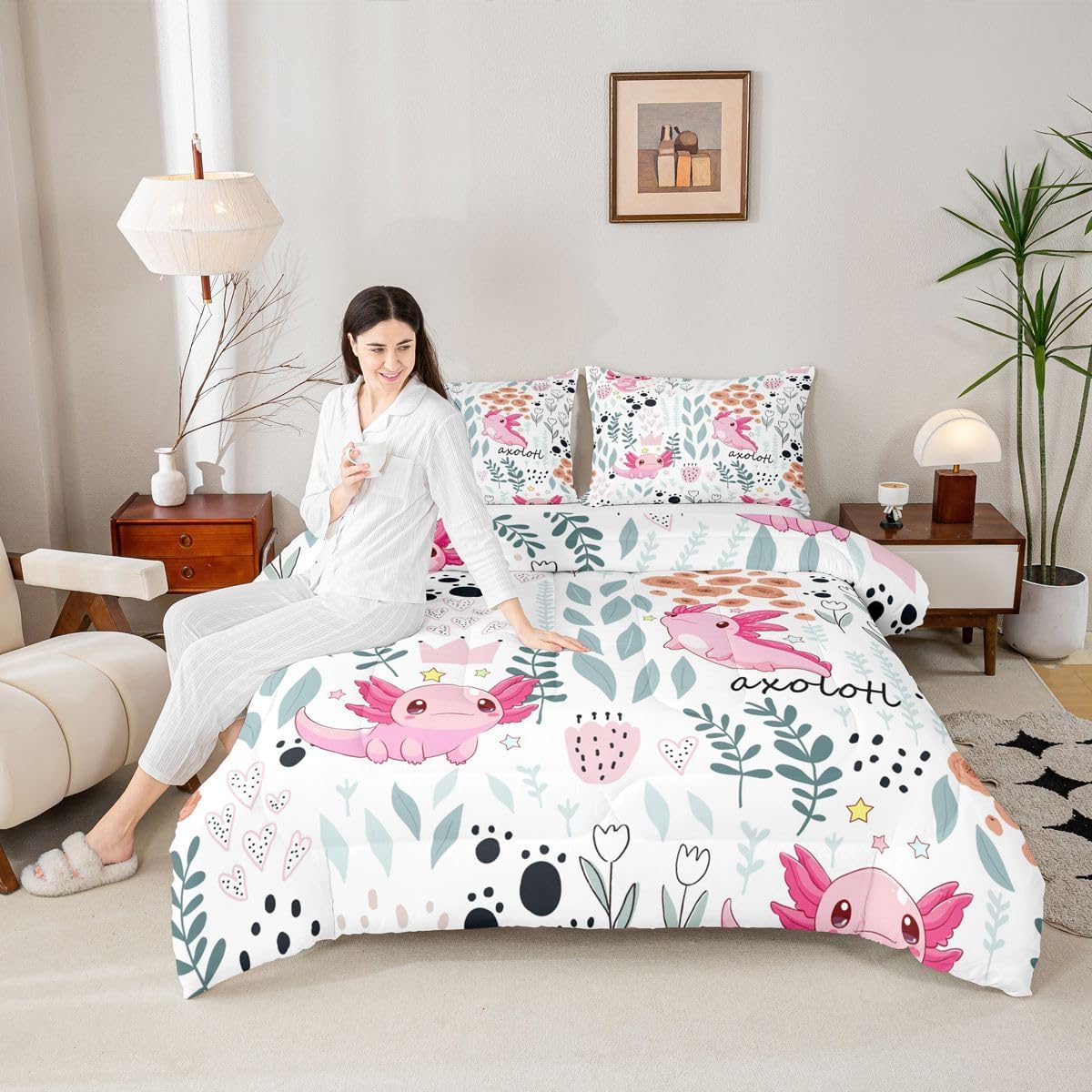 Erosebridal Kawaii Axolotl Comforter Set,Cartoon Axolotl Bedding Set Full,Cute Love Heart Leaves Flowers Comforter Set for Kids Girls Boys,Paw Print Animal Quilt Duvet Insert with 2 Pillow Cases image 4