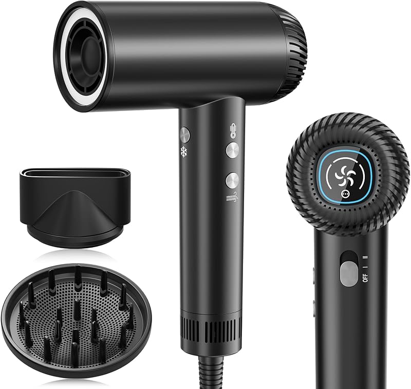 Secador de pelo 2026, secador de pelo profesional de alta velocidad de 200.000 RPM con difusor para mujeres, secador de pelo iónico negativo de 1200 m con motor sin escobillas, secador de pelo de bajo ruido para salón de viaje en casa, negro