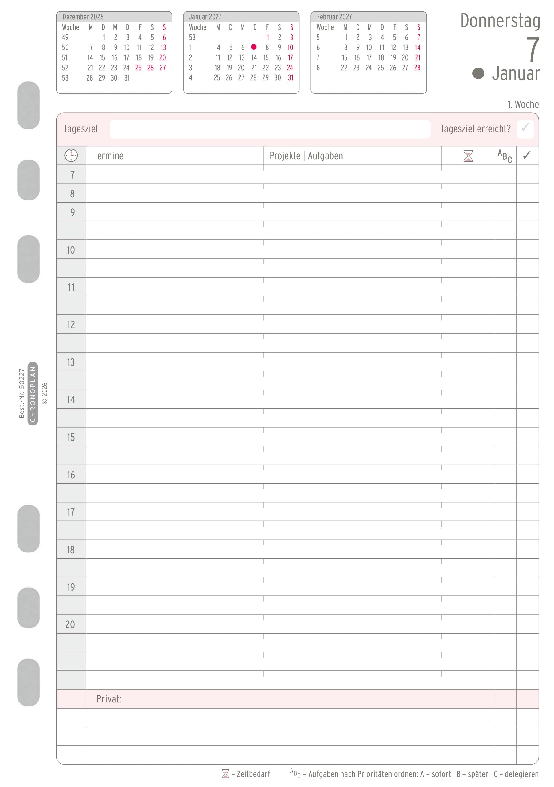 Chronoplan 50227 Kalendereinlage 2027 (Tagesplan A5 (148x210 mm), Ersatzkalendarium für Terminplaner, Tagesplaner, ideal für detaillierte Tagesplanung, 1 Tag auf 1 Seite, mit Universallochung) weiß