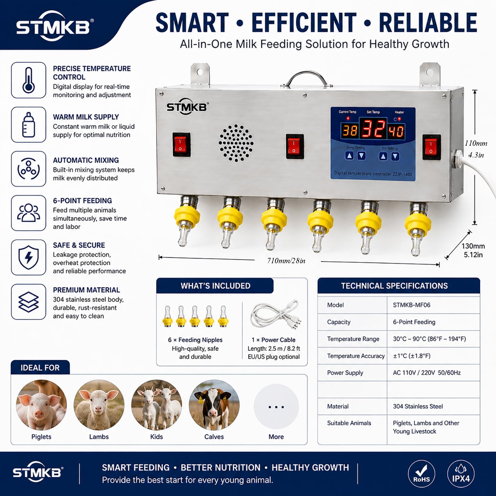 Distributore Automatico di Latte per Animali con Controllo della Temperatura, Alimentatore A Parete in Acciaio Inox A 6 Tettarelle con Pompa di Circolazione, Distributore di Latte E Acqua per