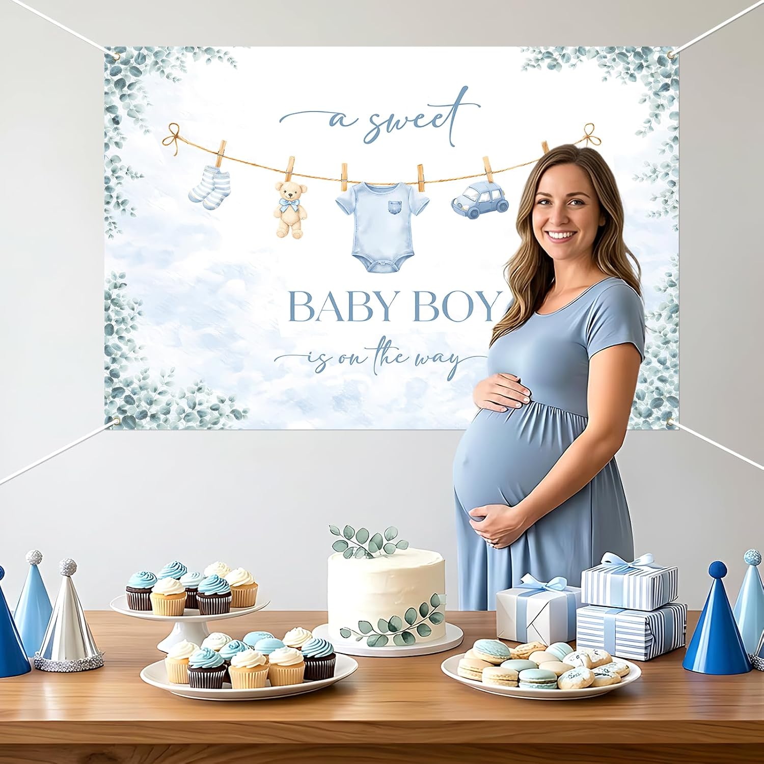 ZestZing Cute Clothes Baby Shower Backdrop for Boys A Sweet Baby Boy is on the Way Decorations Backdrop Blue Leaves Vinyl Banner for Newborn Boys Baby Shower Party Decors Supplies 5 * 3ft image 5