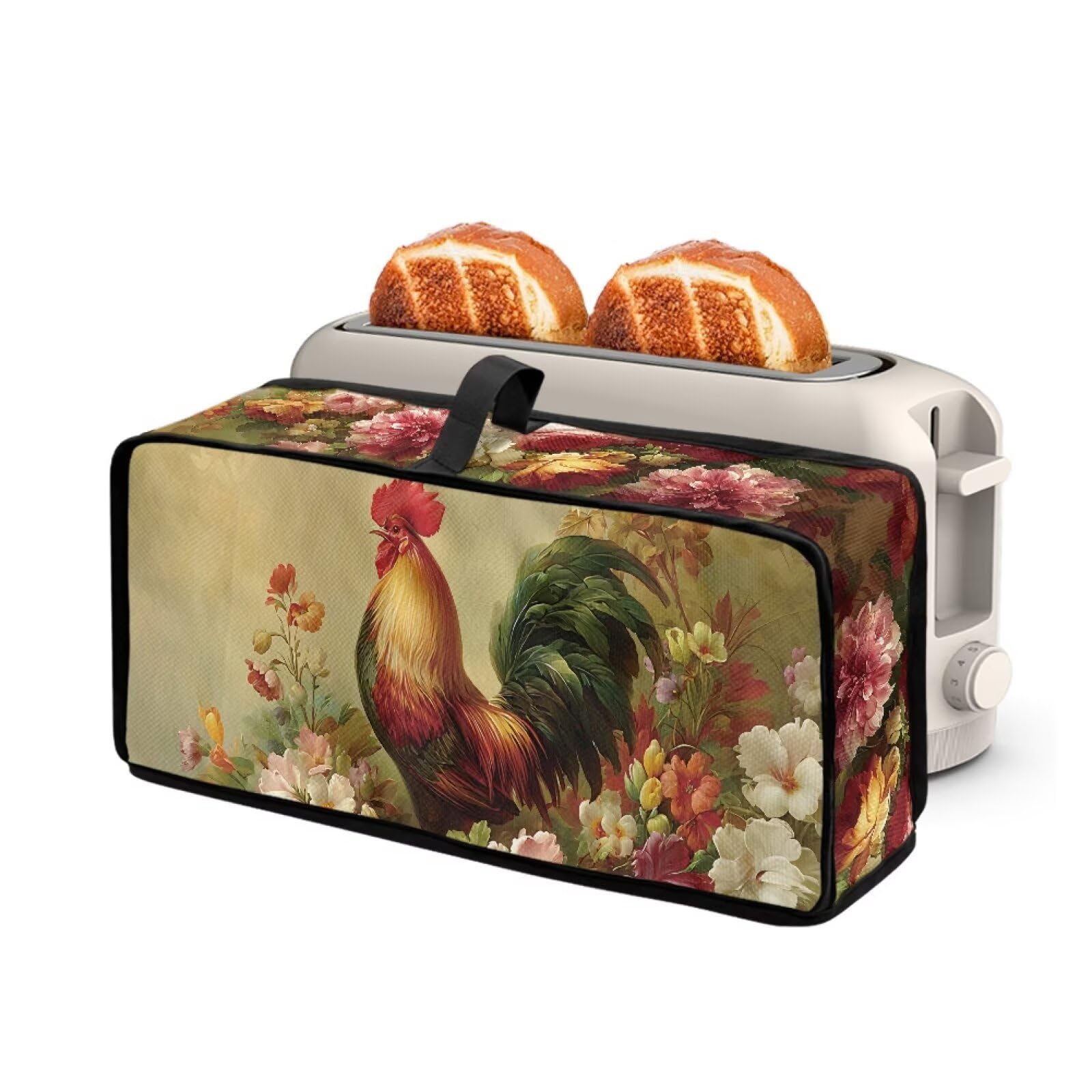 Thin Toaster Oven Cover Universal Fit Most Standard 2 Slice Long Slot Bread Maker Cover Kitchen Small Appliance Dust and Fingerprint Protection Vintage Flower Rooster