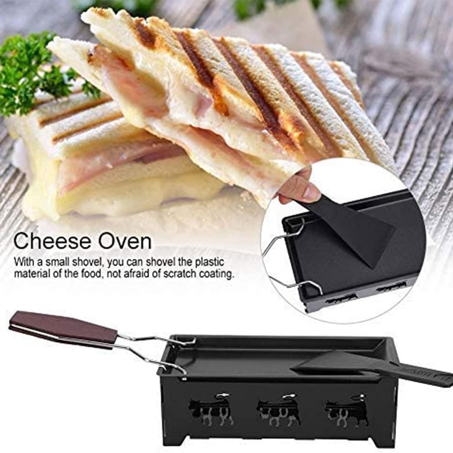 Raclette grill nieprzywierający do topienia sera, profesjonalna forma do topienia sera z szpatułką, obrotowa blacha do pieczenia ze składanym drewnianym uchwytem do sera, mięsa, ryb, warzyw