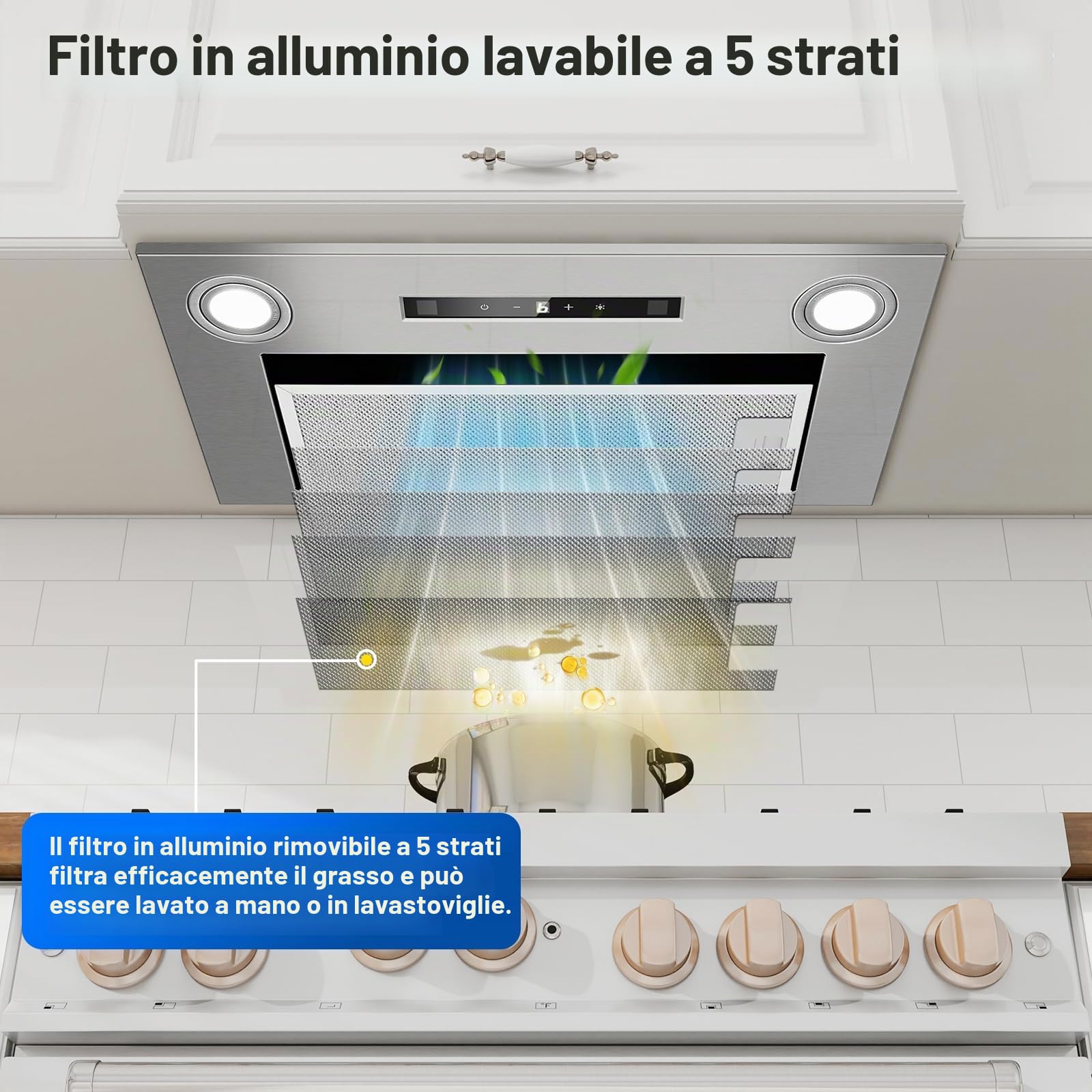 Cappa da incasso 52 cm, 400 m³/h Cappa da cucina, 3 velocità e Funzione Booster, Comandi Gesto, Tocco, Illuminazione a LED, Evacuazione dei condotti e ricircolo con filtro carbone attivo