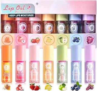 7PCS Fruity Lip Oil Set - Colour Changing Lip Oil - Hydrating lip Gloss Sets - Moisturizing Lip Plumping Gloss - lip Tint Base Liquid Lipstick for Women Long Lasting Lip Care Overnight and All Day