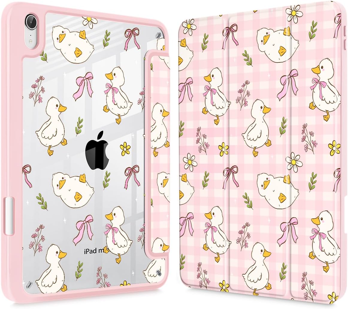 for Slim Case for iPad mini 7 (A17 Pro, 7th Generation) 2024 / iPad mini 6 (6th Gen) 8.3 Inch, [Built-in Pencil Holder] Clear Back Shell + Auto Wake/Sleep, Duck & Bow