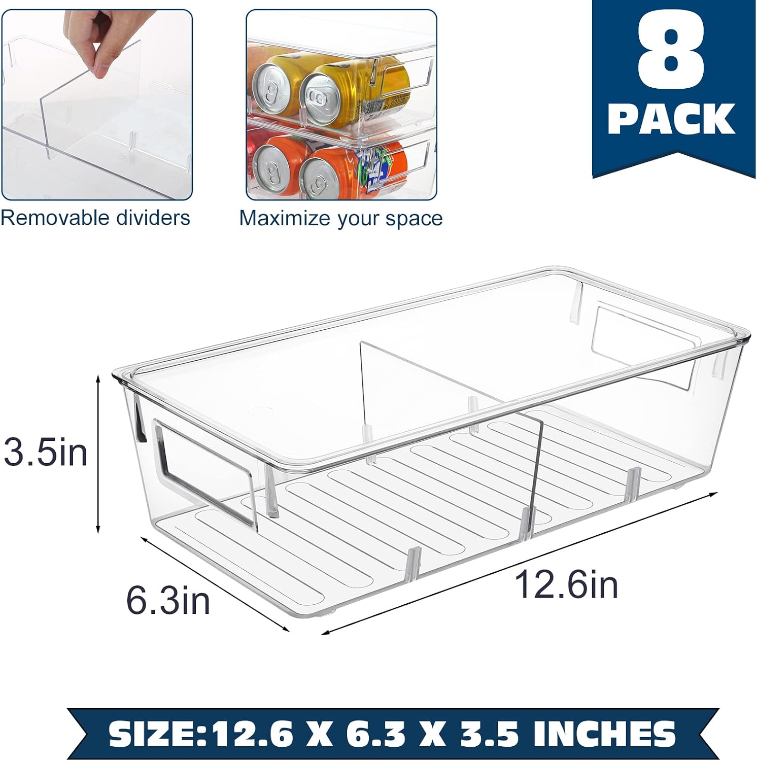 HERKKA Plastic Storage Organizer Shallow Container Bin with Lid and Dividers for Bathroom, Pantry, Kitchen Cabinet, Fridge, Office and Home Organization - 8 pack - 12.6 inch - Clear