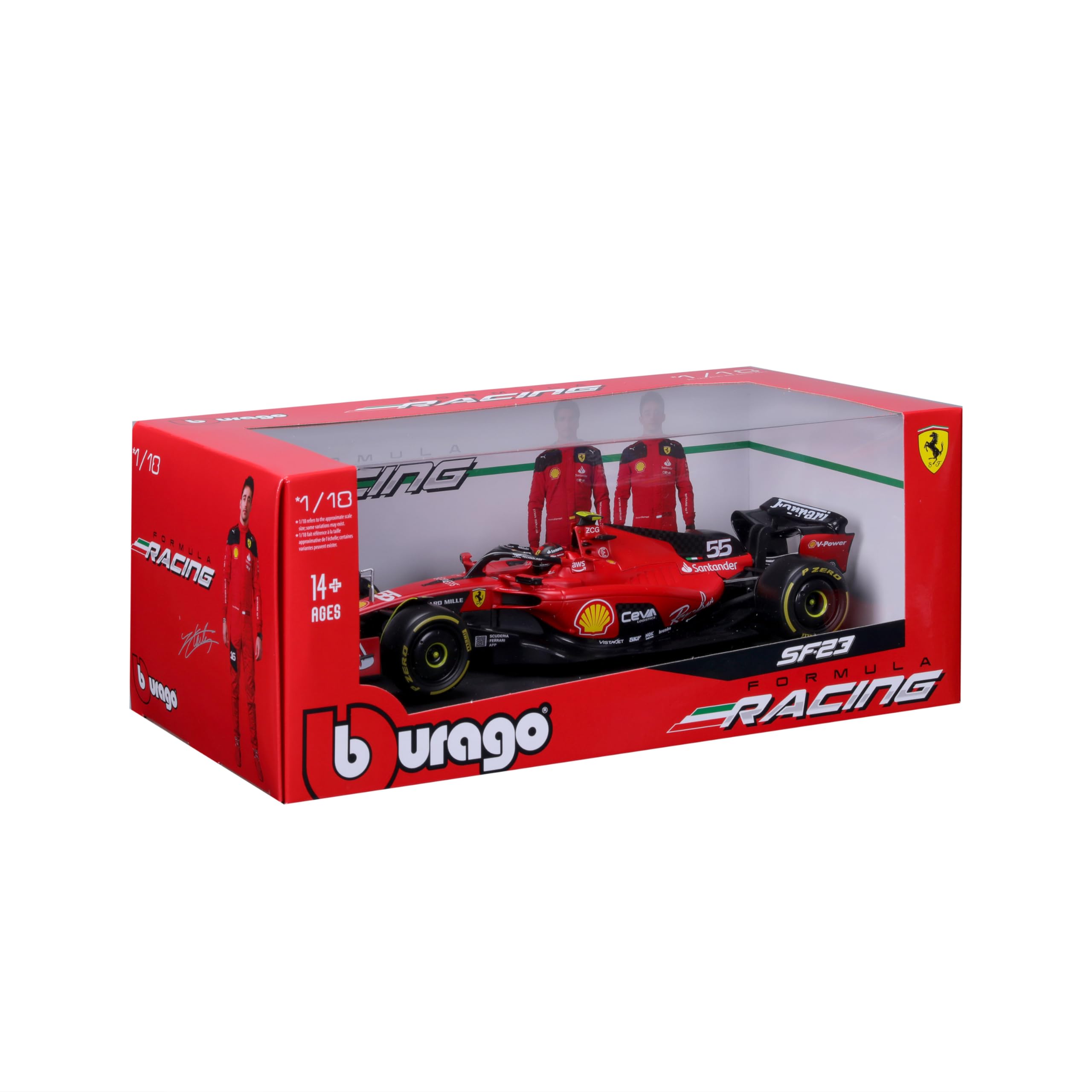 Bburago Formel 1 Ferrari SF-23 (2023): Modellauto im Maßstab 1:18, von Fahrer #55 Carlos Sainz, Window Box, 34,6 cm, rot (18-16812S)