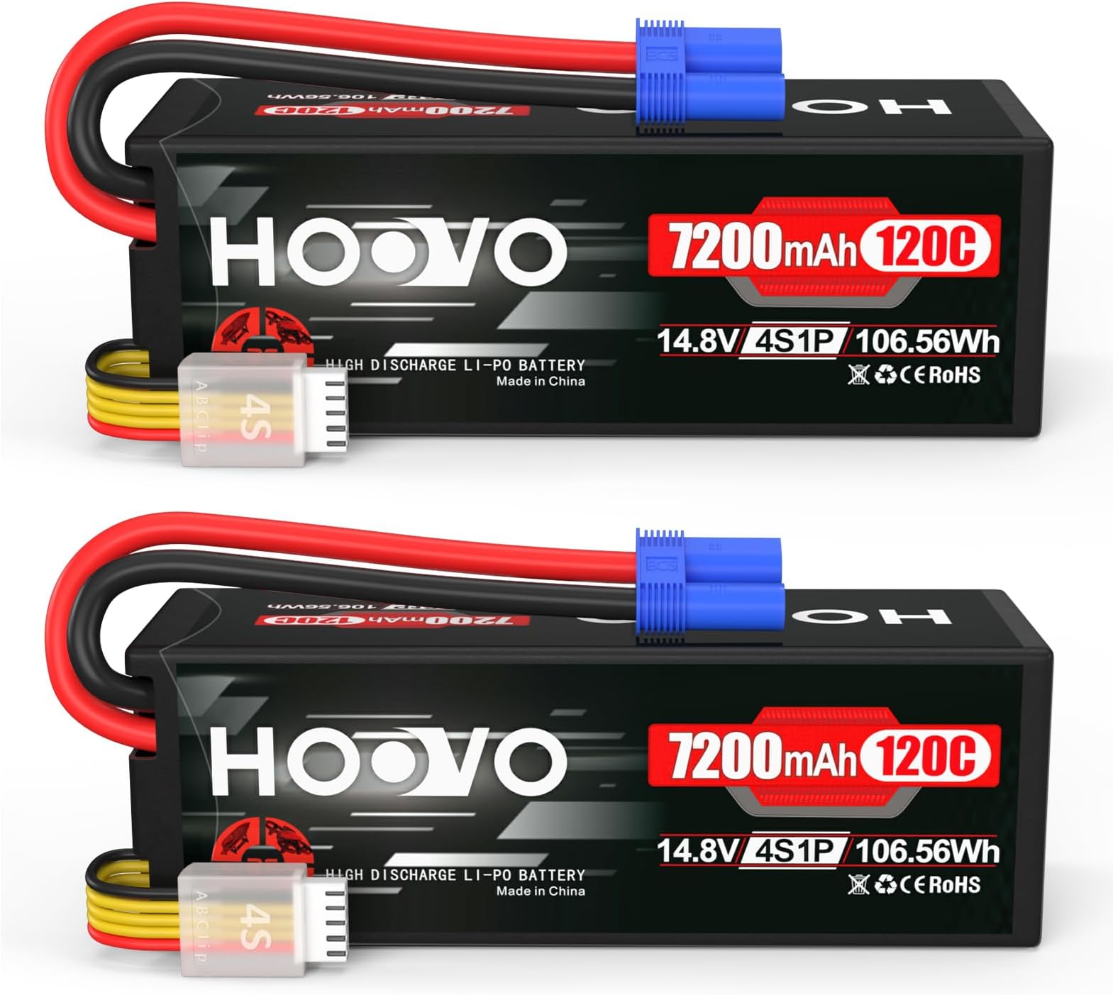 HOOVO 4S 14.8V 7200mAh 120C RC LiPo Battery Hard Case with EC5 Connector for RC Buggy Truggy Crawler Monster Car Boat Truck(2 Pack)