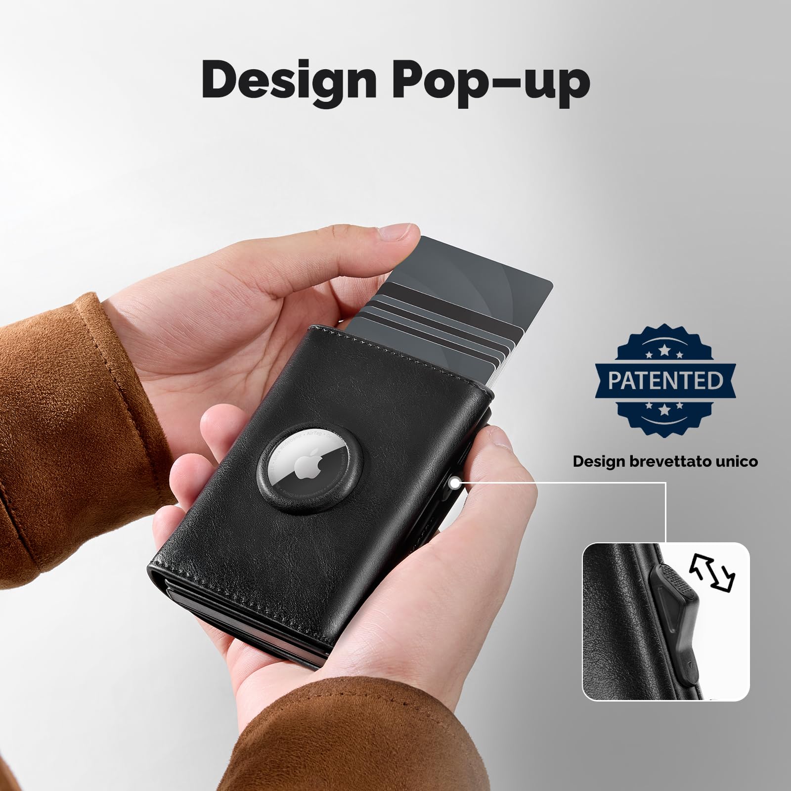 YESIIW Portafoglio Uomo Airtag, Super Compatto e Alta Capacità Pop up Portacarte Uoomo per 12 Cartes Porta Carte di Credito Uomo con S Portamonete, Blocco RFID & Chiusura Magnetica (Nero lucido)