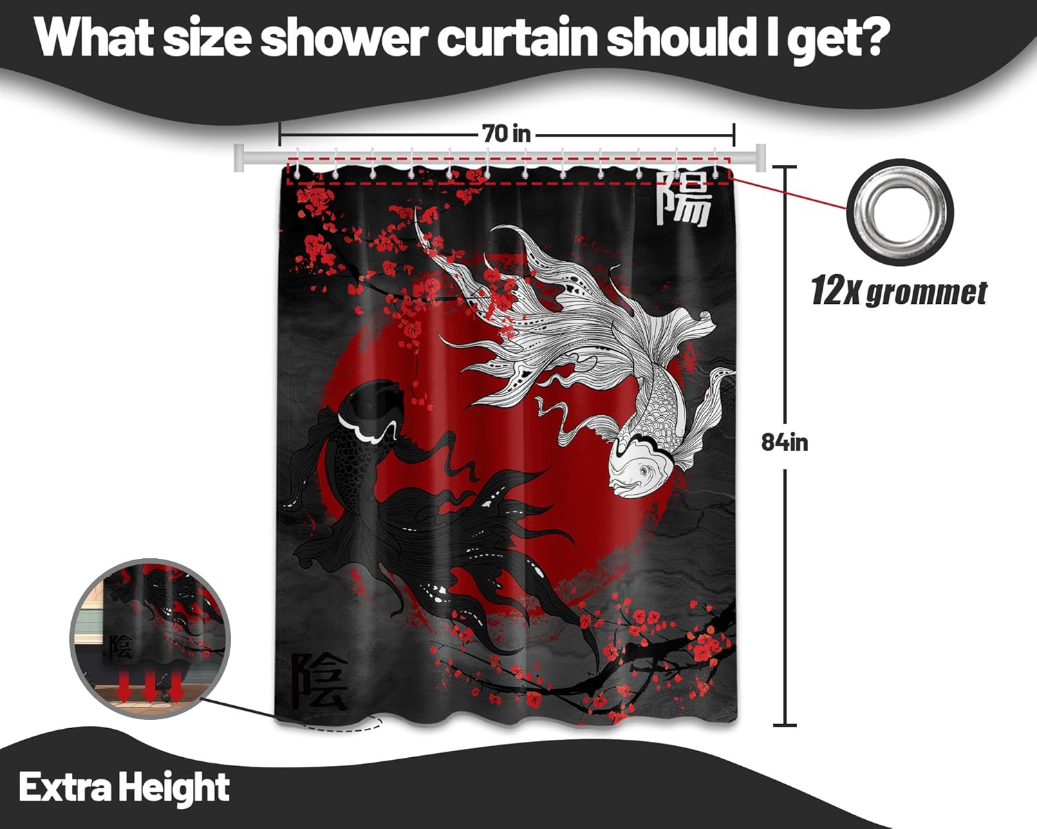 Japanese Shower Curtain Koi Fish Yin Yang Black and Red Asian Oriental Bathroom Decor, Waterproof Cloth Fabric with Hooks, 70x84 Inch
