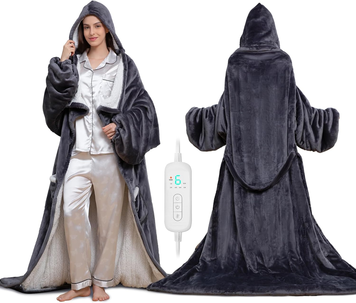 Wearable Heated Blanket with Heated Foot Pocket, Electric Wearable Throw Blanket with Sleeves, Hood, Foldable Foot Pocket, Heated Blanket Throw with 8 Heat Levels, 1-10H Auto Off Settings, 50*70"