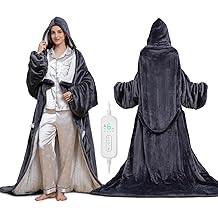 Wearable Heated Blanket with Heated Foot Pocket, Electric Wearable Throw Blanket with Sleeves, Hood, Foldable Foot Pocket, Heated Blanket Throw with 8 Heat Levels, 1-10H Auto Off Settings, 50*70"