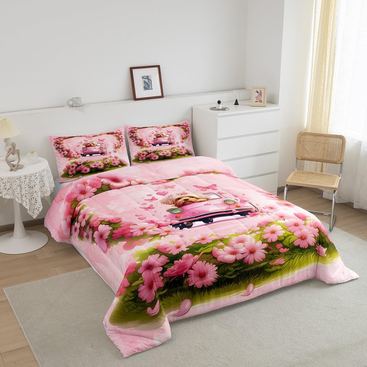 Manfei Cute Puppy Kids Comforter Set Twin Size,Floral Car Love Heart Dreamy Bedding Set,Girls Women Room Decor,Cartoon Dog Animal Pet Rustic Down Comforter,Pink Green Duvet Insert,1 Pillowcase