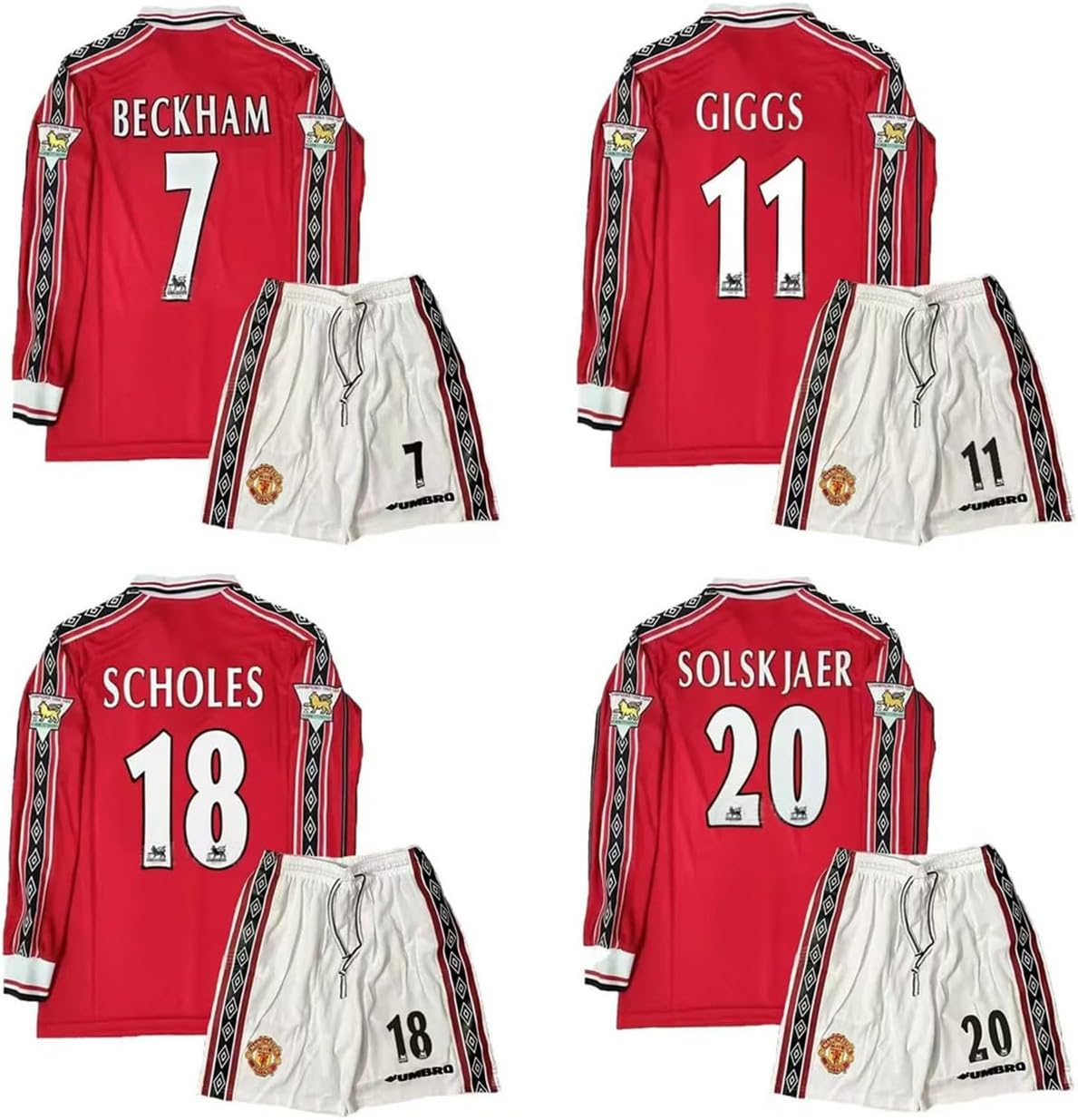 [Mjkzz] 復古版 98-99マンチェスター・ユナイテッド 長袖 サッカー ユニフォーム 上下セット 7番 ホーム ジャージ サ