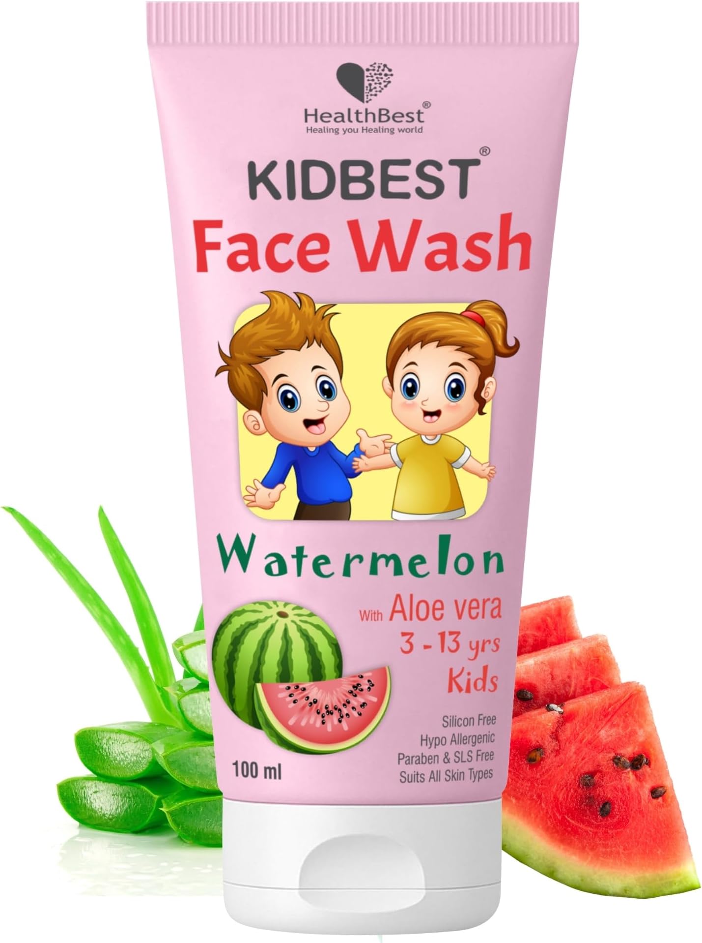 HealthBest Kids Tear-Free Daily Face Wash – Multivitamin-Enriched Skincare with Organic Watermelon – Safe, Gentle, and Fun for Sensitive Skin | Skincare for Kids| Trusted by Parents | 100ml,Pack of 1