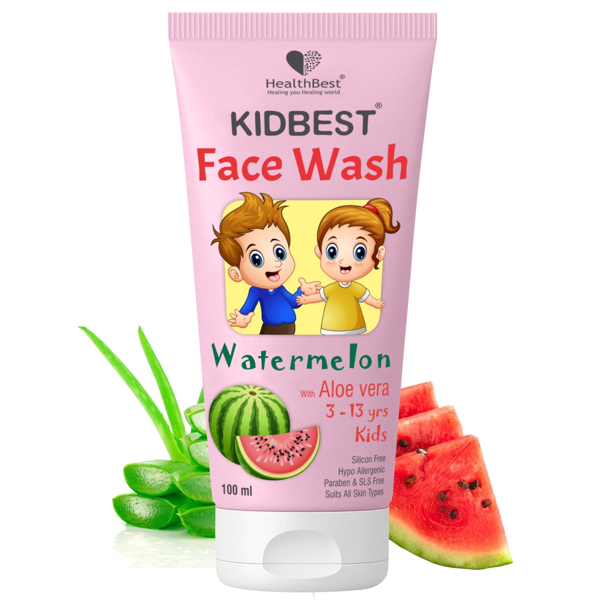 HealthBest Kids Multivitamin Face Wash - Natural, Non-Toxic 100ml, Organic Watermelon for Normal, Gentle Sensitive & Dry Skin Types | Tear, Paraben, SLS Free, Pack of 1