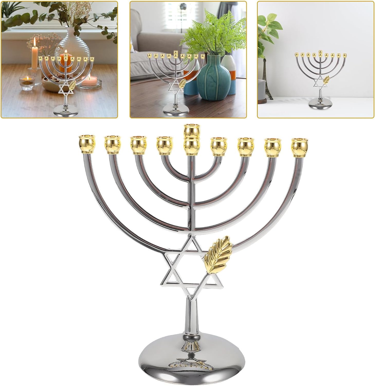 SOLUSTRE 9 Branch Metal Menorah Candle Holder for Home Decoration, Simple and Chic Design Creating Warm and Romantic Atmosphere, Elegant Jewish Tabletop Ornament