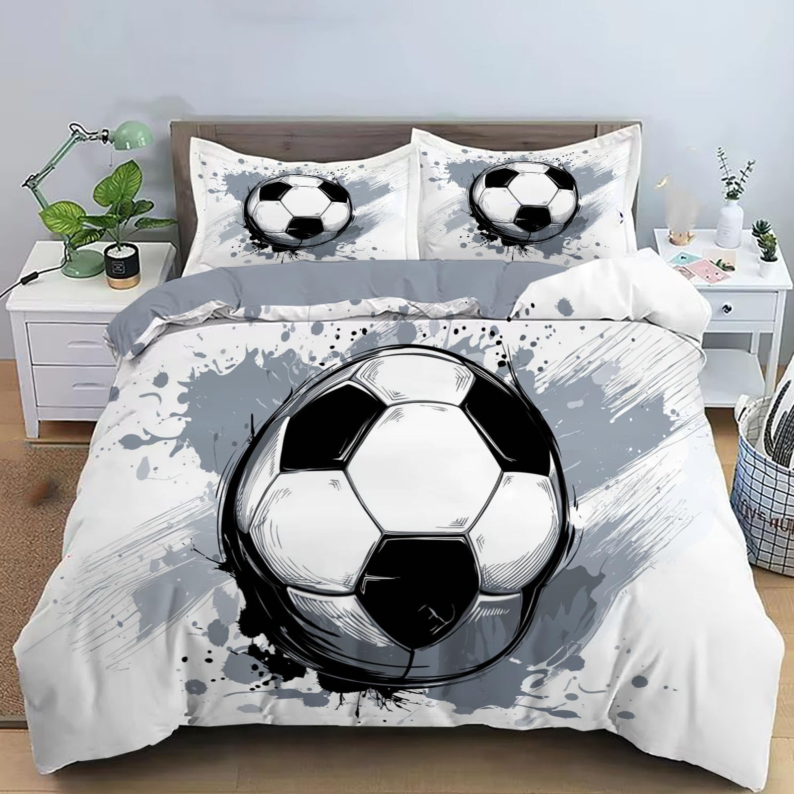 Housse de couette 200x200cm football 3D avec 2 taies d'oreiller blanc cassé