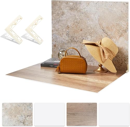 BEIYANG 2 tableros de 4 patrones para fondo de fotos para posición plana, fondo de fotografía de alimentos de 24 x 32 pulgadas (madera+piedra)