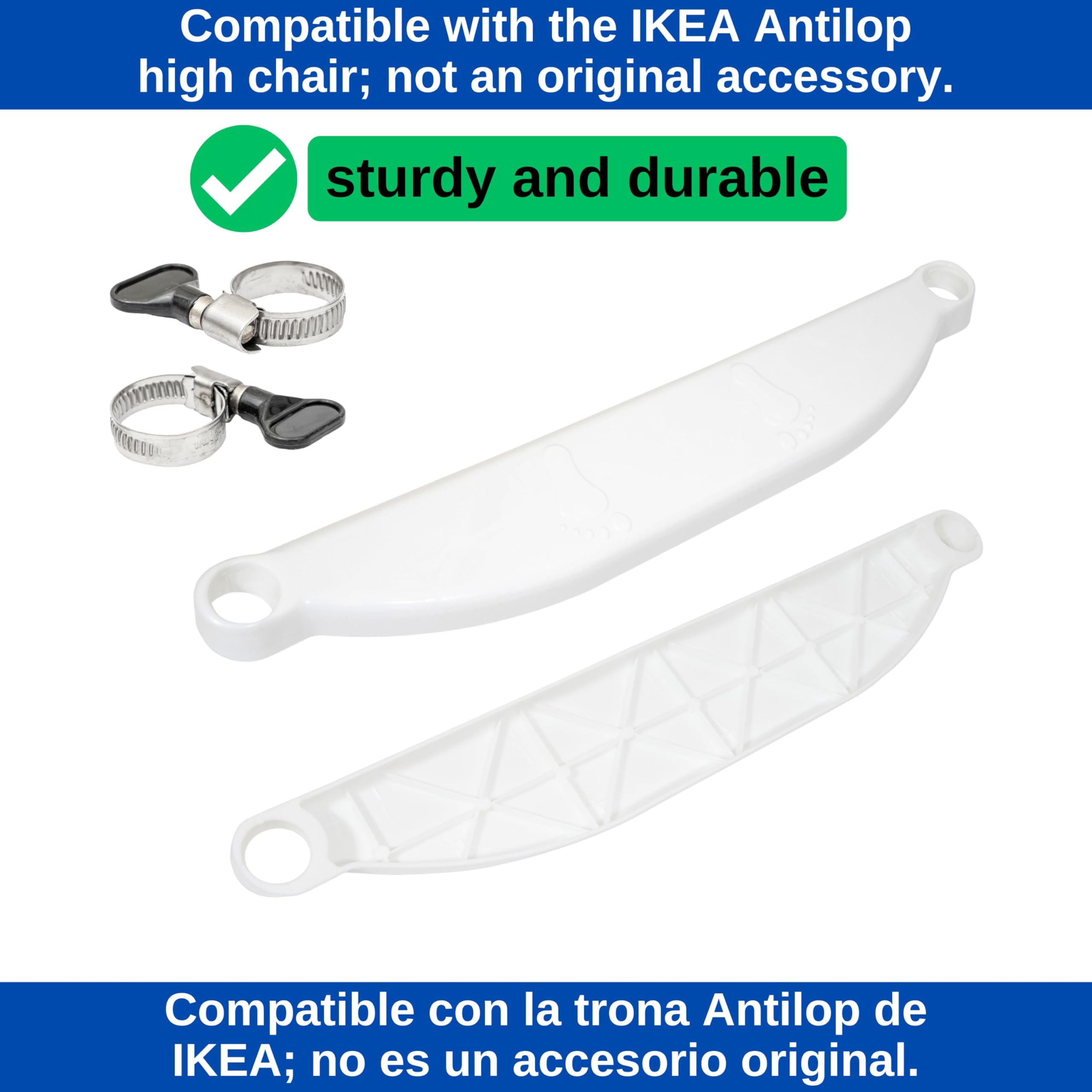 Poggiapiedi per seggiolone, 1 set, in bianco, compatibile con IKEA Antilop, regolabile in altezza con morsetti per il fissaggio alla gamba della sedia, poggiapiedi per seggiolone