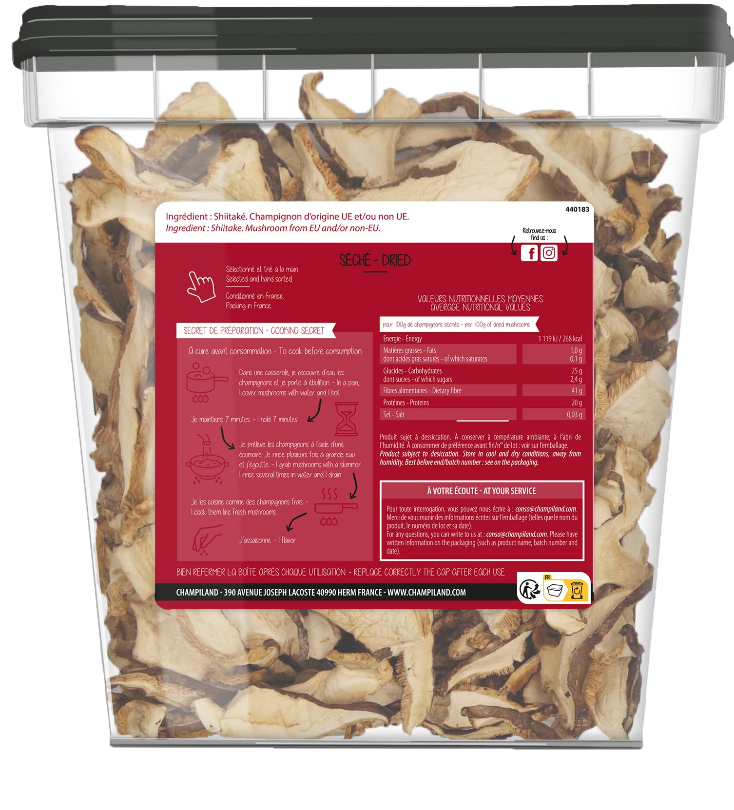 CHAMPILAND - Shiitaké en Lanière Séché - Champignons Cultivés Sélectionnés - Saveur Exceptionnelle - Champignons Riches en Protéines - Pot de 500 g