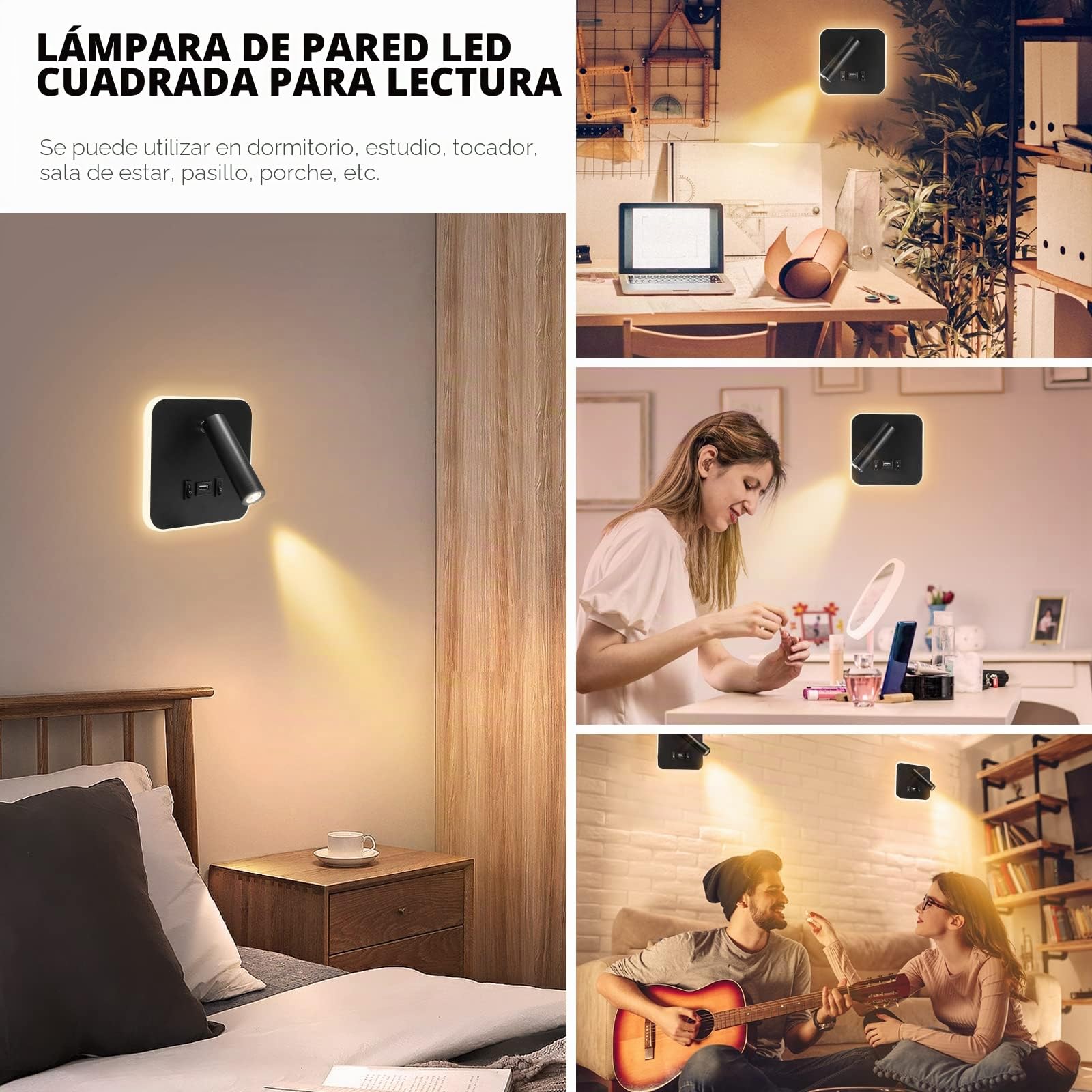 Luz de Lectura Cabecera 3W+9W 3000K, Lámpara de pared LED con Puerto de Carga USB e Interruptor, Lámpara de Pared del Pasillo ángulo Ajustable para Dormitorio Escaleras Salas de Estar Hotel (2 negro)