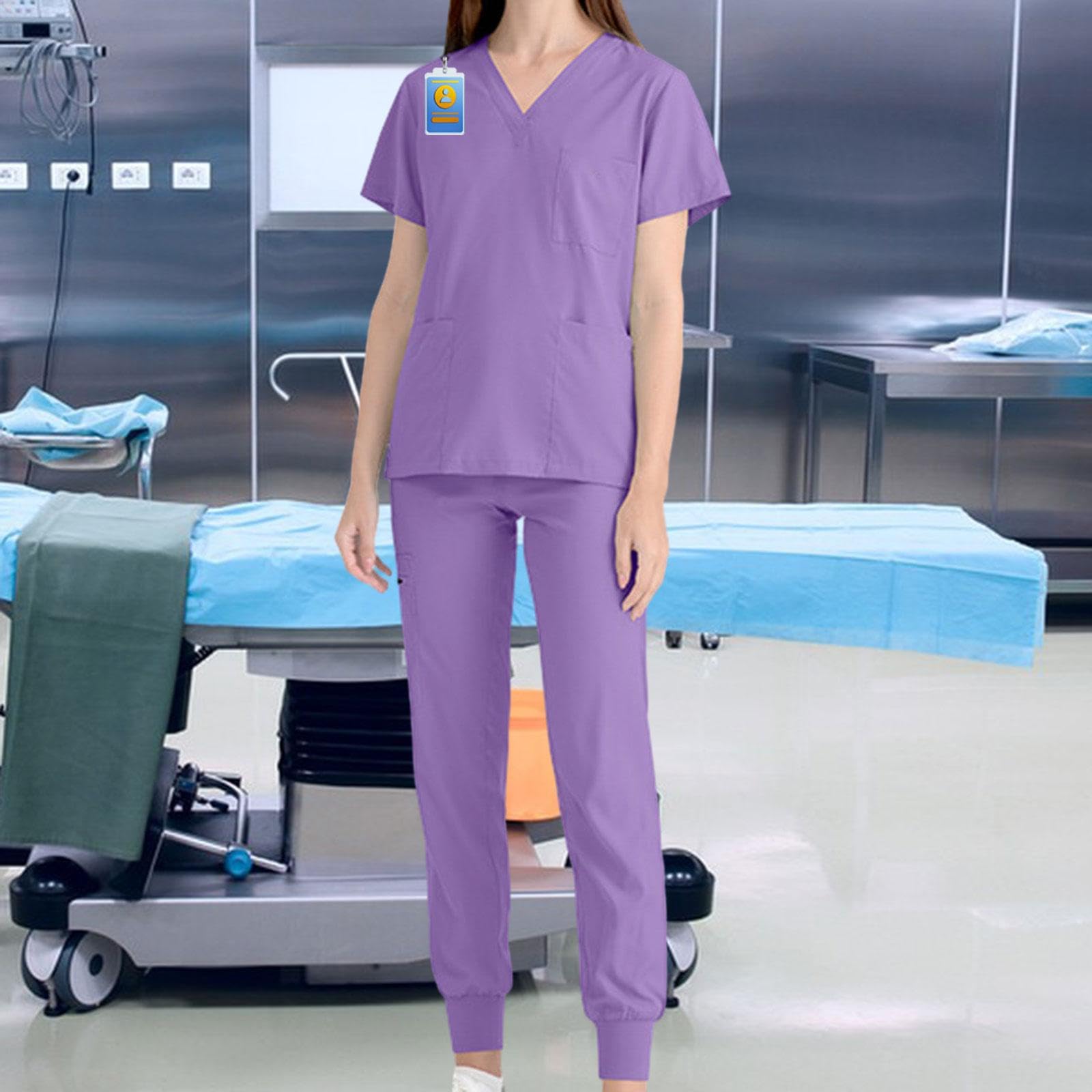 Berufsbekleidung Arbeitsanzug Als Kasack Und Hose Set für Damen in Der Medizin Aus Leichtem Polyester mit Kurzarm Und Mehreren Taschen für Gesund, lila, xL